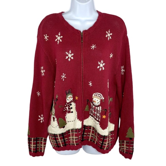 croft & barrow Sweaters - Croft & Barrow Red Snowman Winter Cardigan Zip Up Sweater Size M